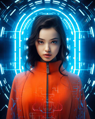 Wall Mural - Futuristic cyberpunk portrait of a young Asian woman