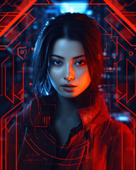 Wall Mural - Futuristic cyberpunk portrait of a young Asian woman