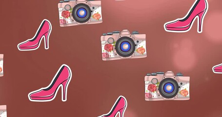 Poster - Animation of pink high heels and cameras over light spots on brown background