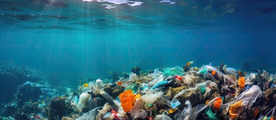 Wall Mural - Marine life endangered by plastic waste on coral reef.