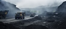 Coal Mining Field In Pingso, China With Running Dump Truck.