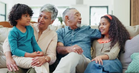 Poster - Love, big family and children with grandparents on a sofa with support, trust and conversation in their home. Speaking, care and kids with old people in a living room for discussion or weekend visit