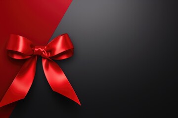 Red ribbon bow on luxurious black background with space for text. Festive background design.