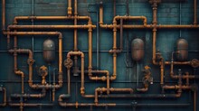 A Bunch Of Pipes And Valves On A Wall. Generative AI.