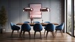 Modern dining room with wooden floor, lights, poster, blue chairs and table. Created with Ai