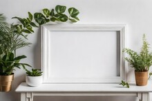 Plant-filled White Mantle With An Empty Frame As Part Of A Mock-up For An Art Show
