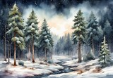 Watercolor illustration of winter pine forest with dark sky background