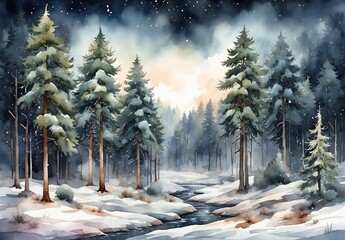 Wall Mural - Watercolor illustration of winter pine forest with dark sky background