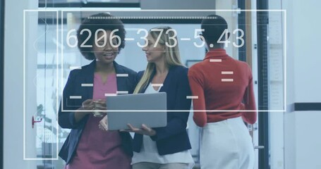 Poster - Animation of data processing over diverse female colleagues discussing work in office