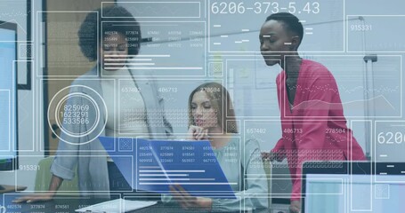 Poster - Animation of data processing over diverse female colleagues discussing work in office