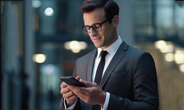 
a businessman shows a sign that everything is fine and holds a mobile phone in his hands a young man in an expensive suit and glasses talks on a mobile phone