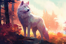 Painting Style Landscape Background, A Wolf In The Forest