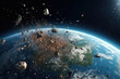 Space debris flying in space against the background of the Earth
