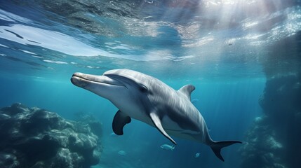 Wall Mural - Underwater splitted by waterline postcard template. Bottlenose dolphin swimming under boat
