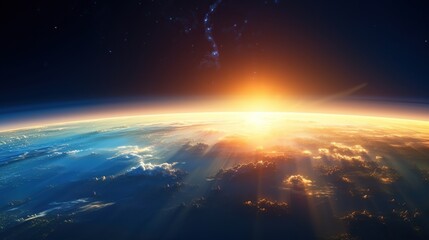 Wall Mural - Sunrise view of the planet Earth from space with the sun setting over the horizon