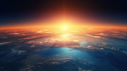 Wall Mural - Sunrise view of the planet Earth from space with the sun setting over the horizon