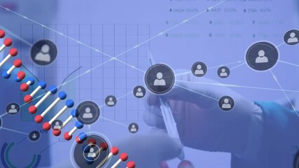 Sticker - Animation of dna strand and scientific data processing over caucasian male surgeon