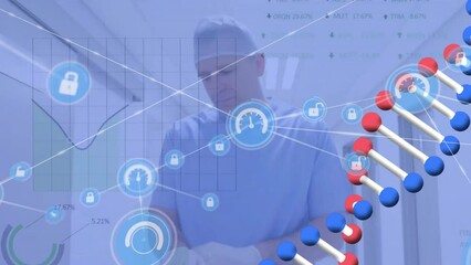 Poster - Animation of dna strand and scientific data processing over caucasian male surgeon