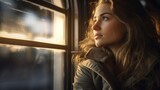 Fototapeta  - Railroad beauty: a female passenger captivated by the train's outdoor scenery.