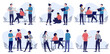Office people teamwork Collection - Set of businesspeople using computers, talking together and having dialogue white using computers. Flat design vector illustrations on white background