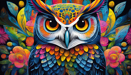 Wall Mural - owl bright colorful and vibrant poster illustration