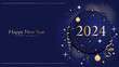 New Year abstract dark blue background happy new year 2024 with golden streamers, stars, fireworks. template cover, greeting card, poster, banner, wallpaper, flyer. Vector minimalistic style.