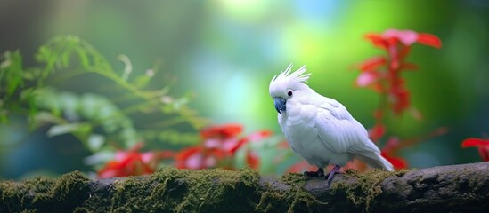 Wall Mural - In the lush green forest, a cute white bird with red feathers perched on a leafy tree, adding a burst of color to the tropical garden background.