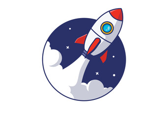 rocket ship takeoff symbol - vector spaceship flying out of oval round frame with smoke. flat design