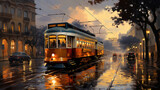 Fototapeta Londyn - Oil Painting of Yellow Color Old Tram on Road Cityscape Background