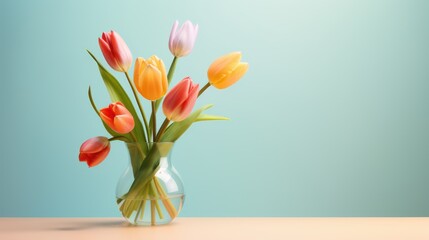 Colorful Tulips in glass vase on blue background with empty place. Сomposition of spring bouquet on table and copy space for Mother's or Women's Day. Minimalistic design and pastel colors.