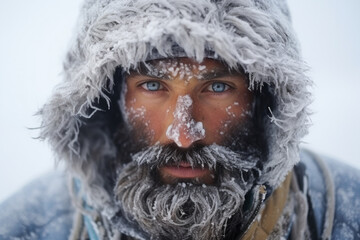 Man explorer traveler in the Arctic with ice and snow on face and clothes, cold polar climate , extreme travel and expeditions to the Arctic