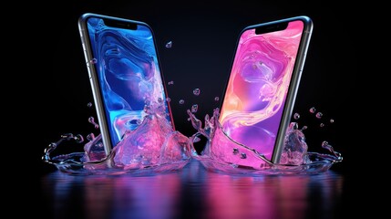 Wall Mural - 3d glowing smoke effect on two phones in pink and blue. dark background.