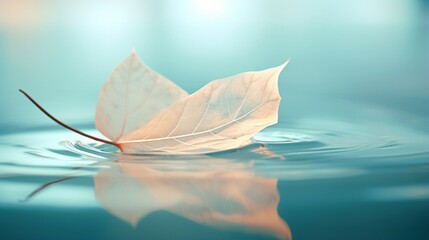 Sticker - White transparent leaf on mirror surface with reflection on turquoise background macro. Artistic image of ship in water of lake. Dreamy image nature, free space