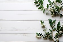 Space Copy View Top Lay Flat Board White Eucalyptus Background Minimal Rustic Wooden Leaves Branches Wood Texture Wall Plank Table Fresh