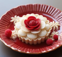 Canvas Print - A red plate with a white dessert with a red rose on it. Generative AI.