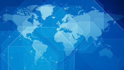 Wall Mural - Breaking news map octagons reveal global communication with connected lines and dots on blue technology background, perfect for worldwide news and broadcast graphics