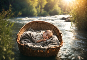 Baby Moses in a basket floating on a river. Religious biblical scene theme concept.