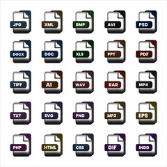 Fototapete - file format Black & White Icons Set. Vector black file format icons set on white background