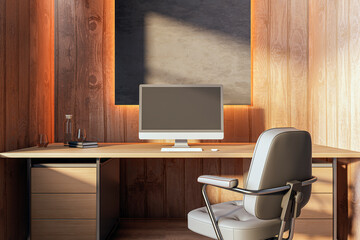 Aufkleber - Modern hardwood and concrete home office interior with equipment, furniture and mock up place. 3D Rendering.