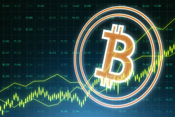 Poster - Creative bitcoin button, grid, index and candlestick hologram on blurry wallpaper. Cryptocurrency, trade, finance and market concept. 3D Rendering.