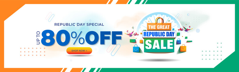 Wall Mural - Web banner background for India Republic day. 80% off on shopping sale offer. 3d happy bags and tricolor vector illustration.