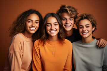 Sticker - Group of friends in relaxed poses against an orange studio setting, radiating warmth and camaraderie. Generative Ai.