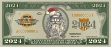 Vector Obverse Of Banknote Of Denomination 2024 US Dollars. Portrait Of A Stern Santa Claus With A Big Beard. Merry Christmas And Happy New Year. Holiday Gold Certificate. Frame With Guilloche Pattern