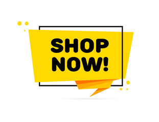 Poster - Shop now sign. Flat, yellow, lightning-shaped sign, shop now sign. Vector icon