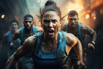 energetic athletes sprinting towards the finish line, embodying the spirit of competition and determ