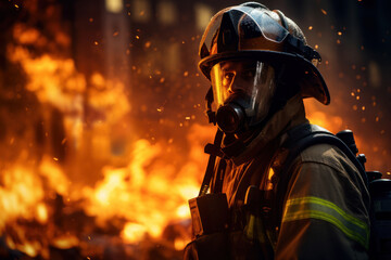 Wall Mural - A firefighter in full gear, bravely facing flames to ensure the safety of others. Concept of courage and public service. Generative Ai.