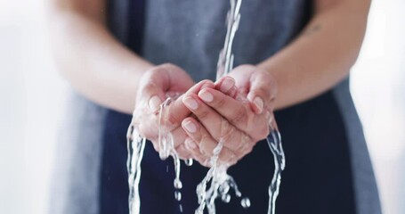 Sticker - Closeup, woman and hands with water for washing in bathroom for hygiene, cleanliness or germs. Liquid drops, flow and hydration for bacteria with stream for wellness, natural health and self care