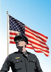 Wall Mural - Policeman with walkie-talkie radio on American flag background. Vector 3d hand drawn illustration