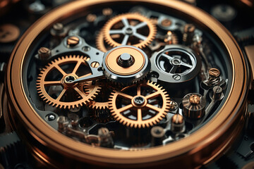 Poster - A swirling vortex of gears and cogs, illustrating the intricate machinery behind the birth and development of ideas. Concept of the mechanics of thought. Generative Ai.