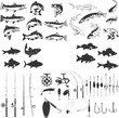 set of Fishing labels design elements. Rods and  fish icons. Design elements for logo, label, emblem, sign, badge. Vector illustration.